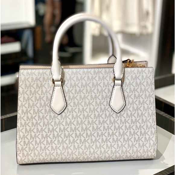 Michael Kors Sheila Medium Signature Logo and Metallic Satchel Crossbody - Picture 8 of 16